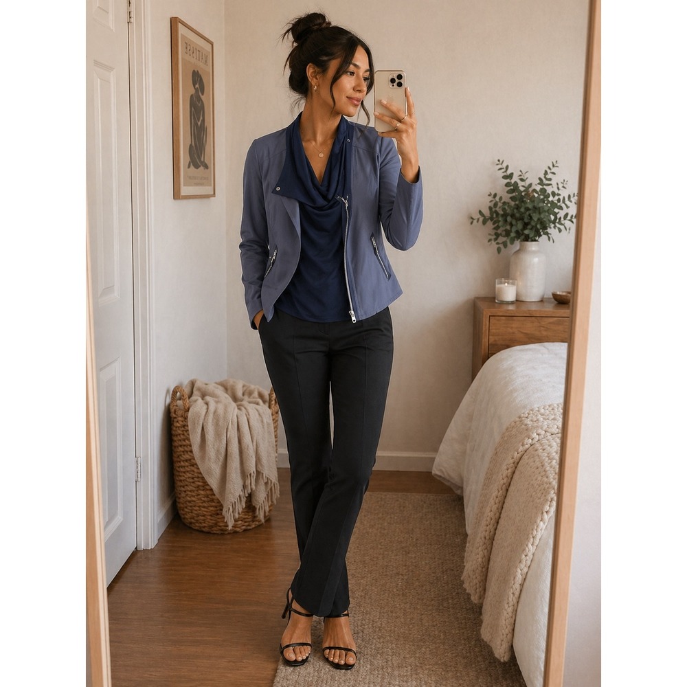 Newport News Women's Cowl Neck Asymmetrical Zip Jacket Blazer Blue - Size 10